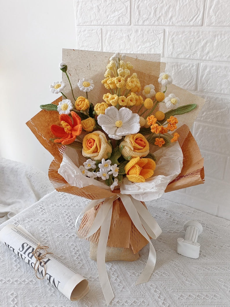 Sunkissed Harmony: Orange & White Hand-Knitted Bouquet | Everlasting Floral Art