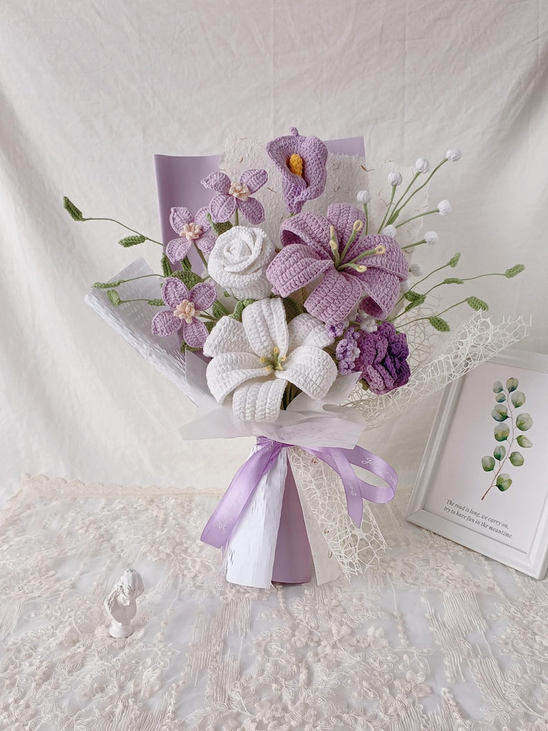 Sunkissed Harmony: Orange & White Hand-Knitted Bouquet | Everlasting Floral Art