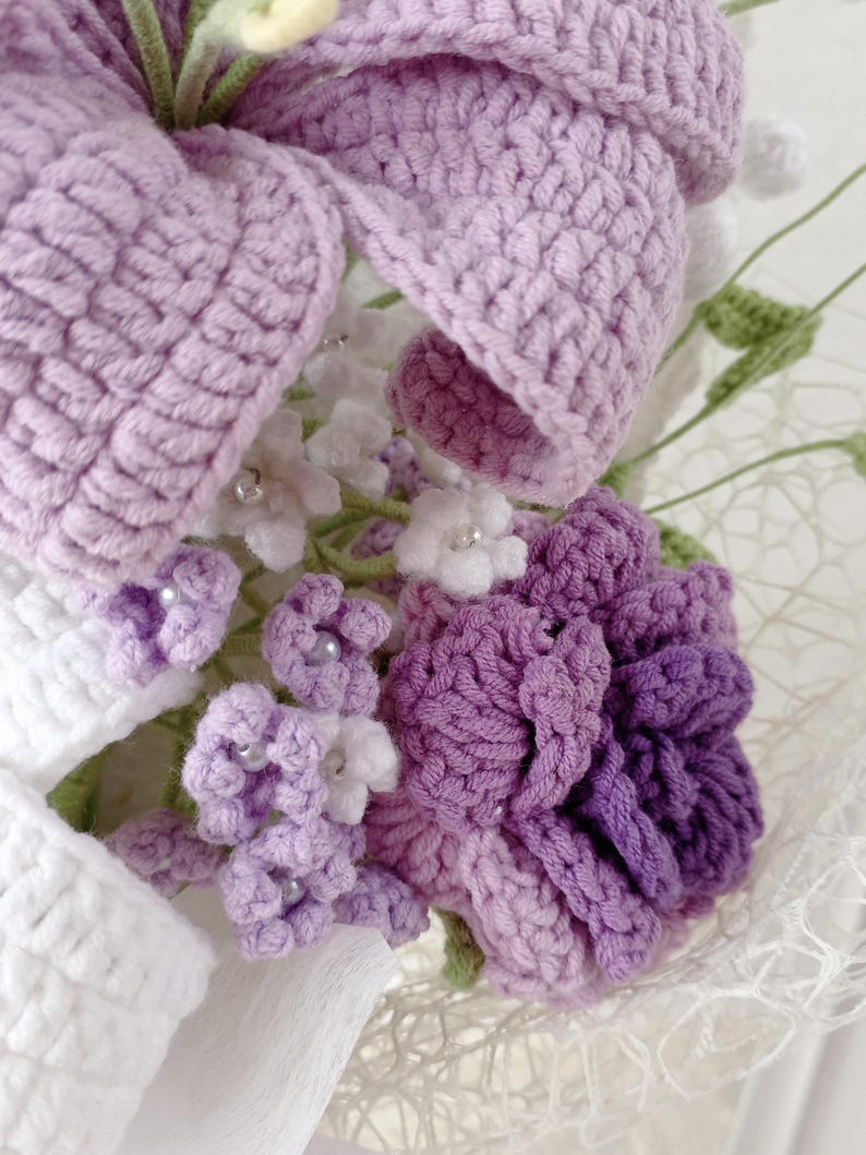 Purple Symphony: Elegant Hand-Knitted Bouquet | A Timeless Floral Masterpiece