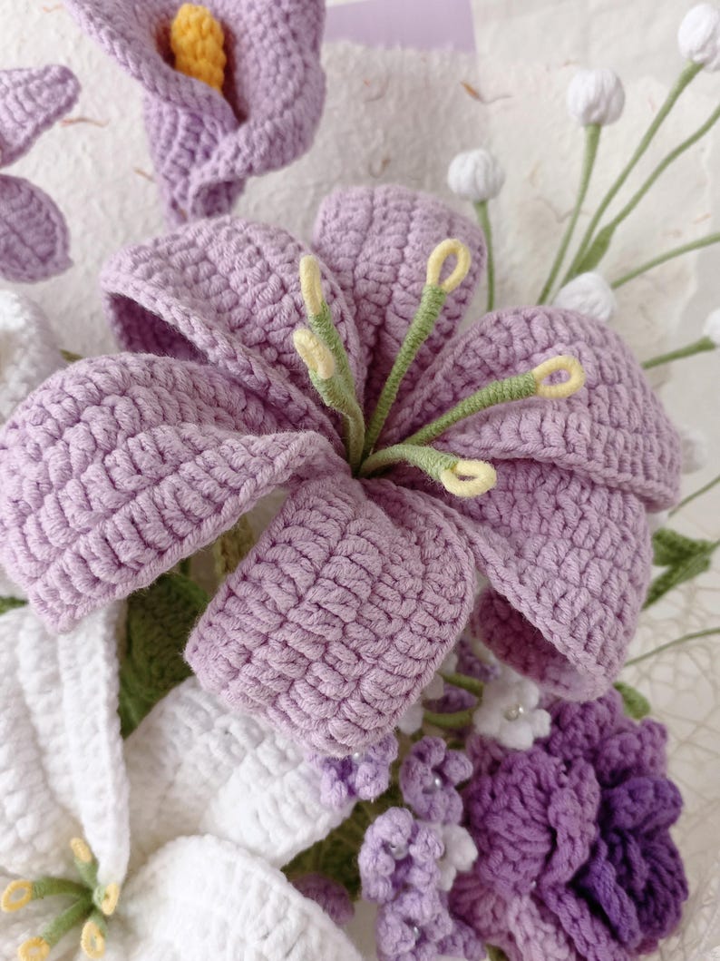 Purple Symphony: Elegant Hand-Knitted Bouquet | A Timeless Floral Masterpiece