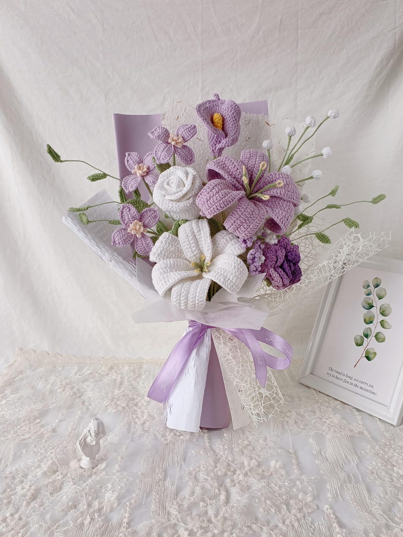 Purple Symphony: Elegant Hand-Knitted Bouquet | A Timeless Floral Masterpiece