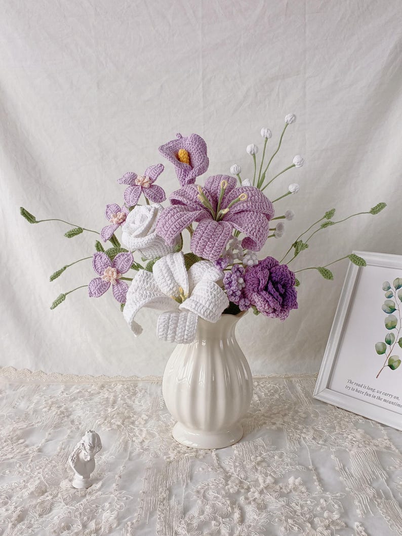 Purple Symphony: Elegant Hand-Knitted Bouquet | A Timeless Floral Masterpiece