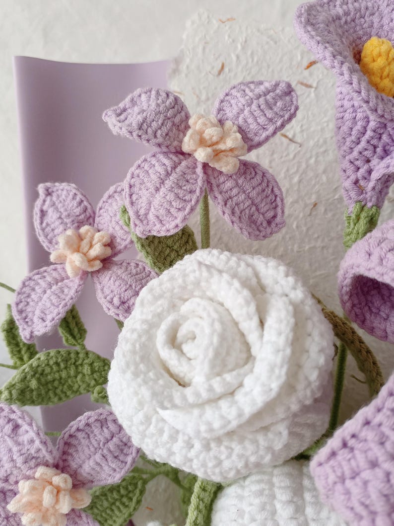 Purple Symphony: Elegant Hand-Knitted Bouquet | A Timeless Floral Masterpiece
