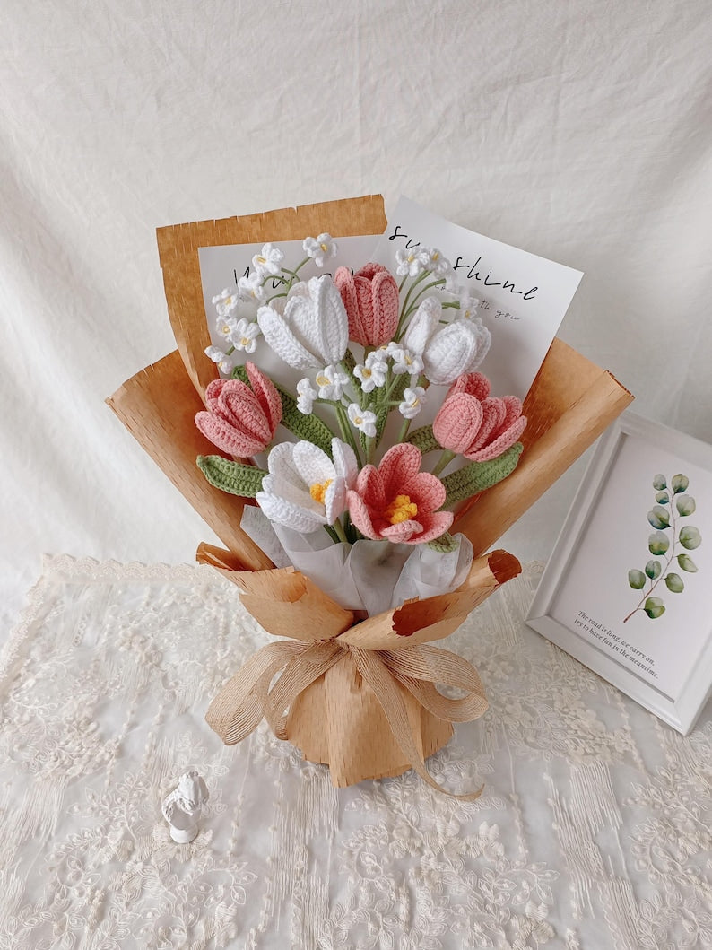 Sunkissed Harmony: Orange & White Hand-Knitted Bouquet | Everlasting Floral Art