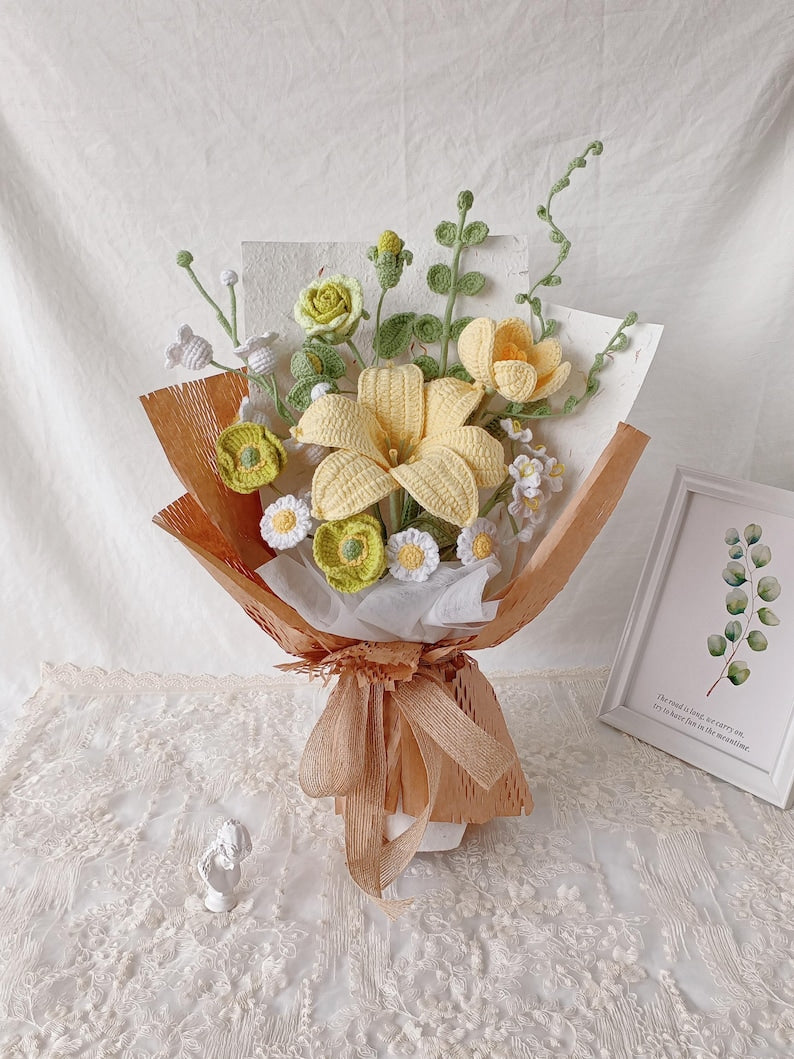 Sunkissed Harmony: Orange & White Hand-Knitted Bouquet | Everlasting Floral Art