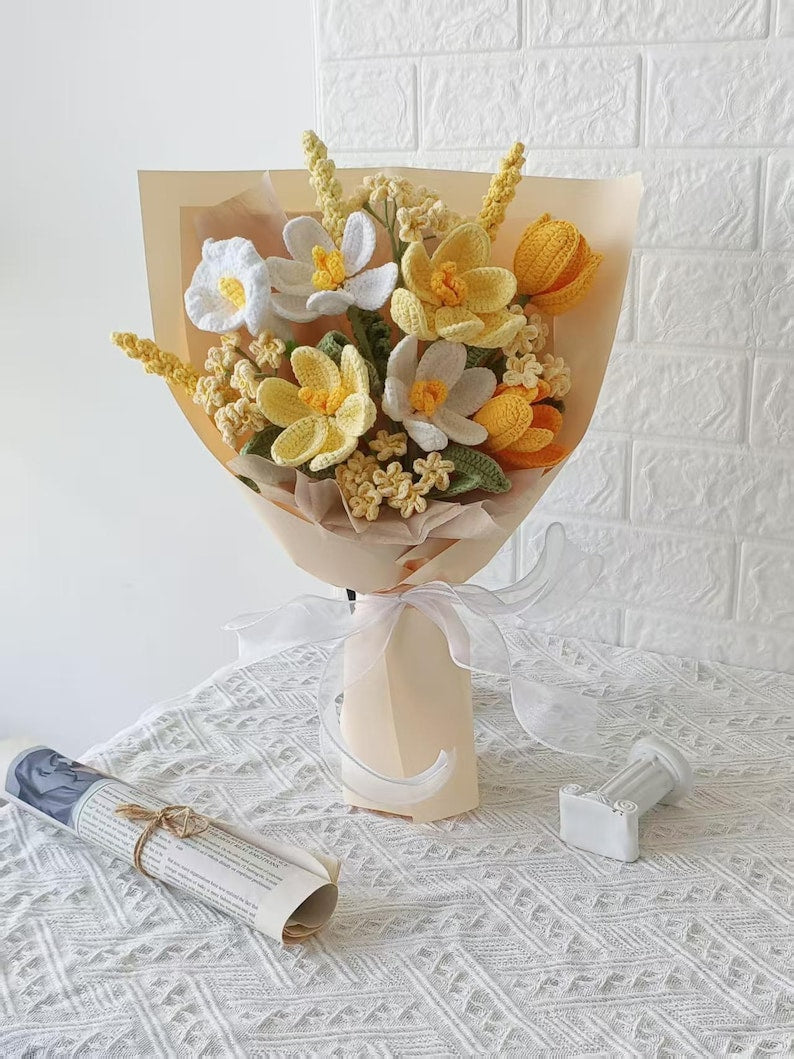 Sunkissed Harmony: Orange & White Hand-Knitted Bouquet | Everlasting Floral Art