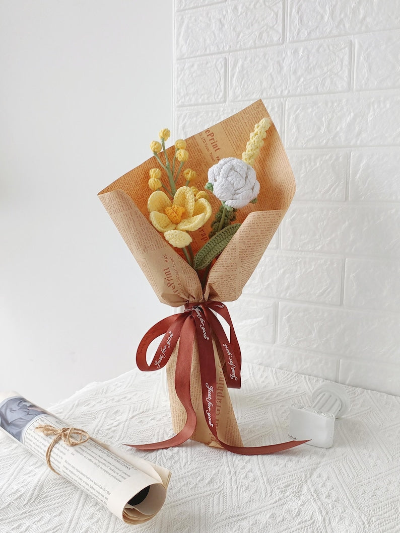 Sunkissed Harmony: Orange & White Hand-Knitted Bouquet | Everlasting Floral Art