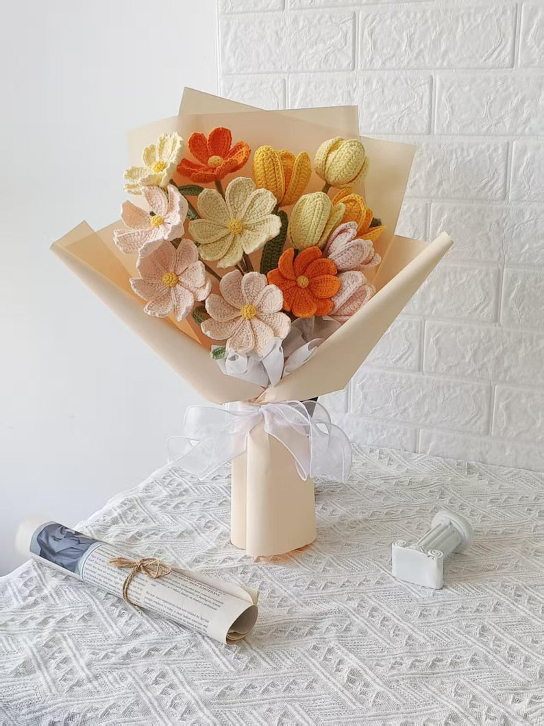 Sunkissed Harmony: Orange & White Hand-Knitted Bouquet | Everlasting Floral Art