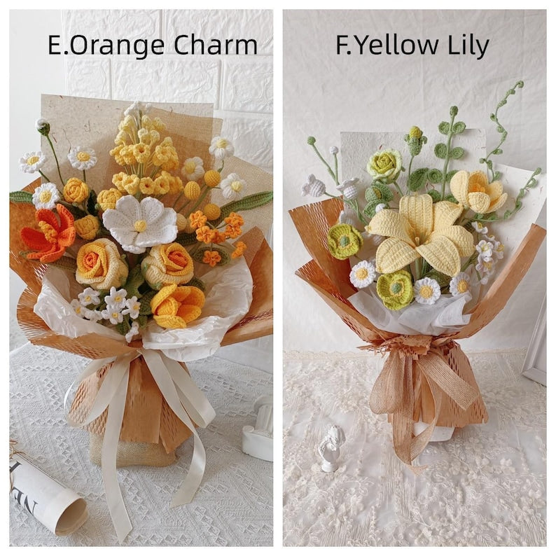 Sunkissed Harmony: Orange & White Hand-Knitted Bouquet | Everlasting Floral Art
