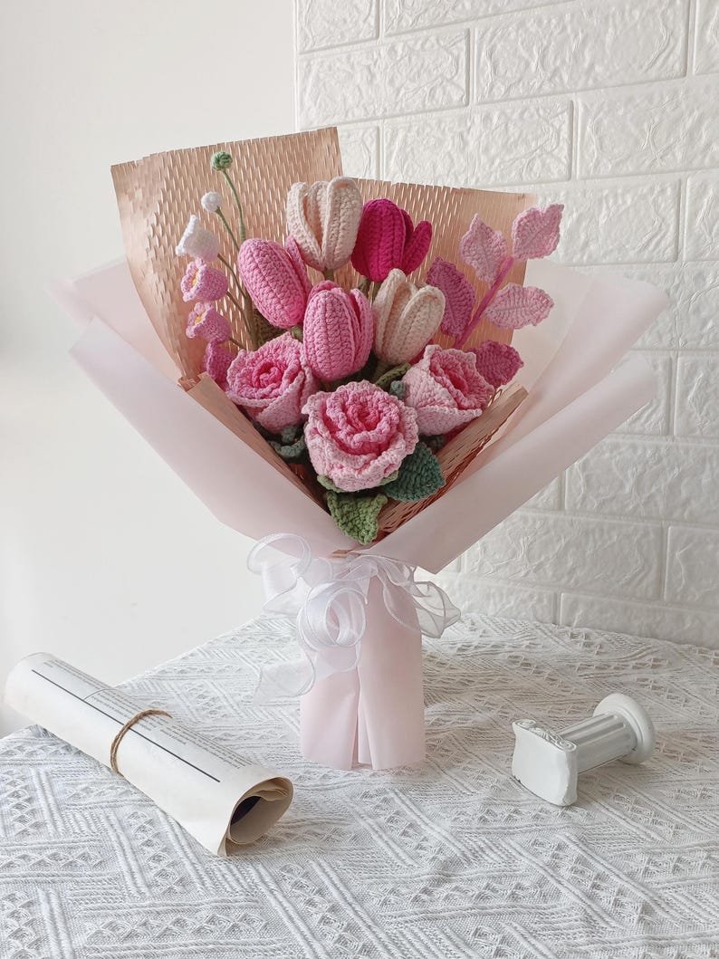 Pastoral Symphony: Mixed Floral Hand-Knitted Bouquet | Everlasting Artisanal Beauty