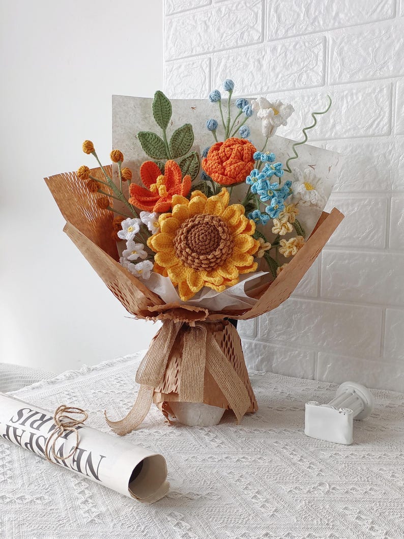 Radiant Warmth: Vibrant Multi-Color Hand-Knitted Bouquet | A Bundle of Sunshine